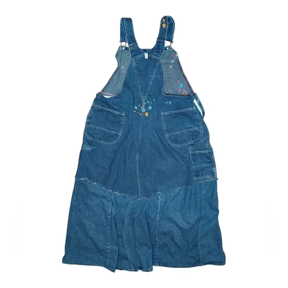 Boho Hippie Vintage Key Denim Floral Embroidered Crochet Over-Alls Maxi Dress - Picture 7 of 11